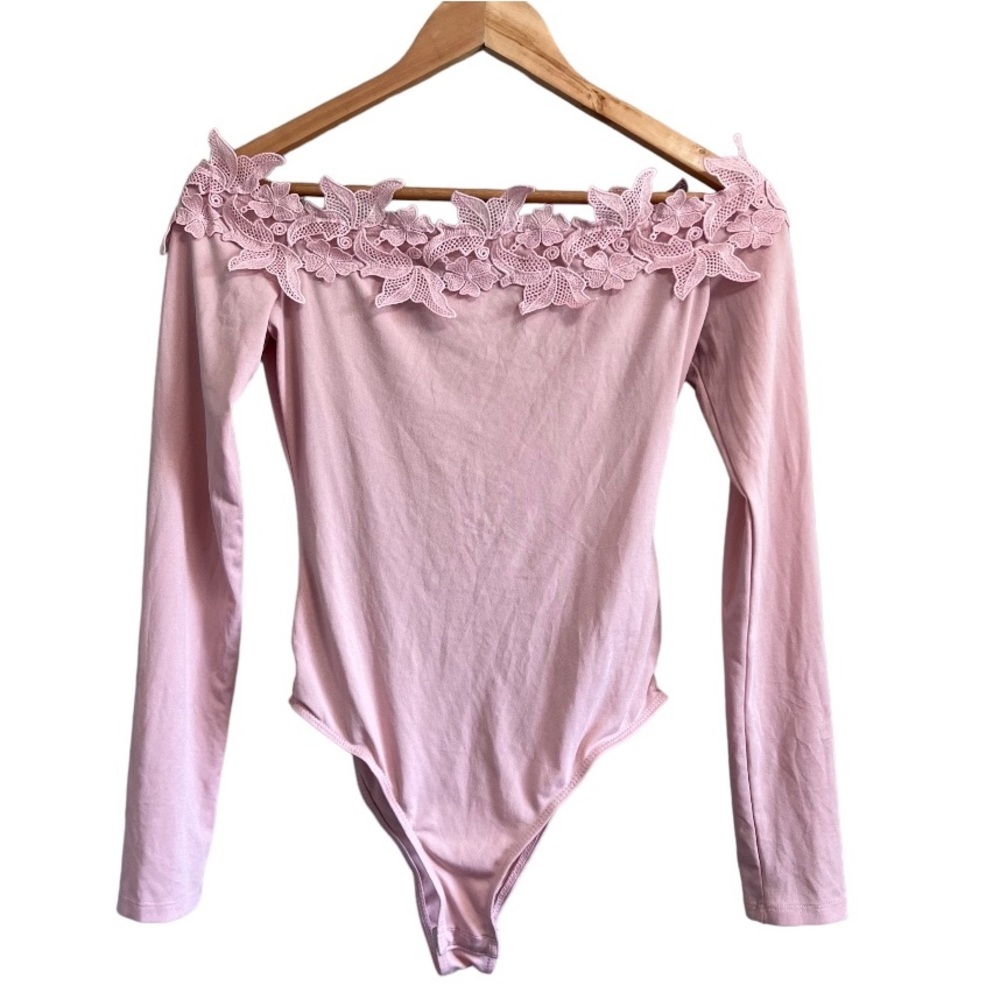Primark Pink Off The Shoulder Long Sleeve Body Suit Floral Lace Top Size 4